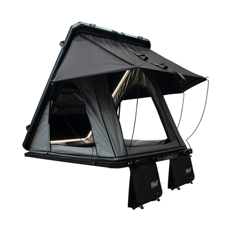 Bushwakka Nomad rooftop tent rear right view with open doorway and rain fly.