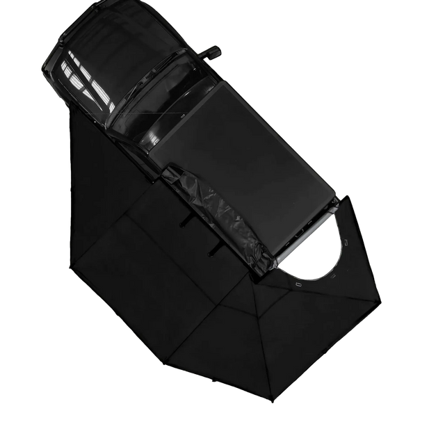 Bushwakka Passenger Side Darkness 270 Pro D-Zip Awning top view on vehicle completely open.