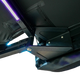 Bushwakka Passenger Side Darkness 270 Pro D-Zip Awning hinge detail with purple LED light and black pivot bracket.