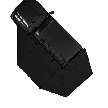 Bushwakka Passenger Side Darkness 270 Pro Awning top view on vehicle with the awning extended.