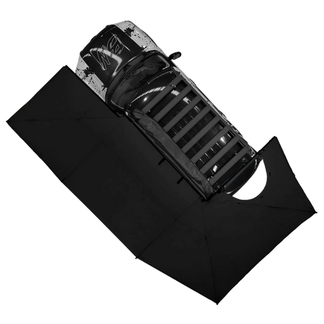 Bushwakka Passenger Side XL Squared Pro D-Zip Awning top view on vehicle roof rack platform.
