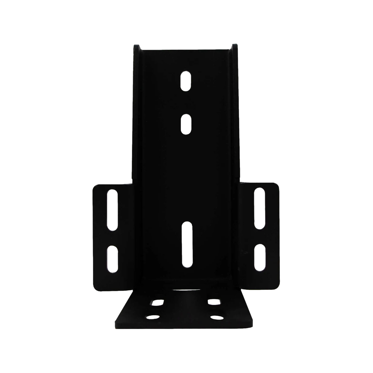 Bushwakka rooftop tent awning bracket straight front view with mounting slots in the upright, tabs and base.