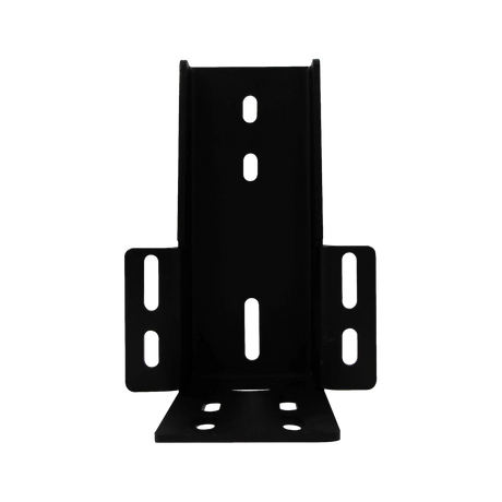 Bushwakka rooftop tent awning bracket straight front view with mounting slots in the upright, tabs and base.