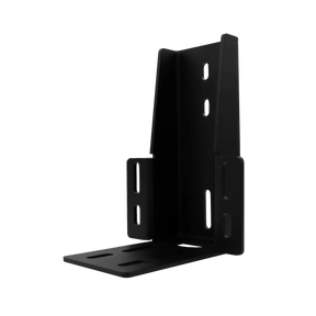 Bushwakka rooftop tent awning bracket front angled view showing the slotted upright, side tabs and mounting base.