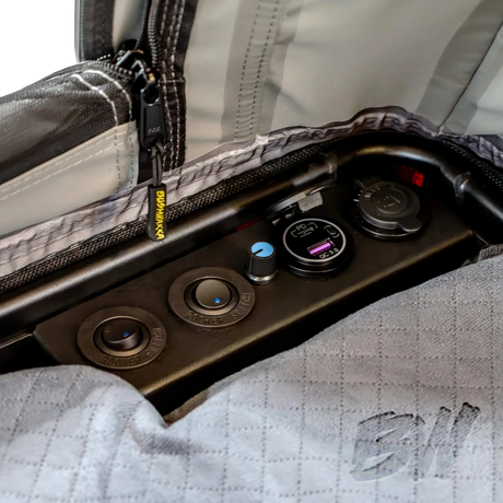 Bushwakka Shack rooftop tent power panel close up with switches, USB charging ports and a covered socket.