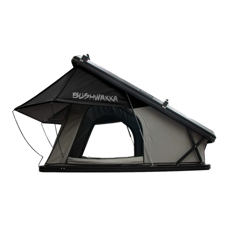 Bushwakka Shack rooftop tent opposite side view with an open doorway, grey walls and front support frame.