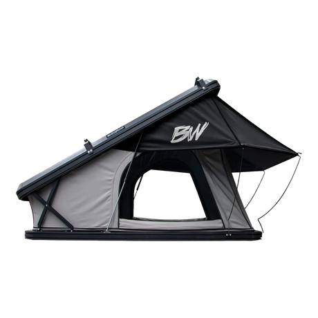 Bushwakka Shack rooftop tent side view with the hard shell roof raised and rain fly extended over the doorway.