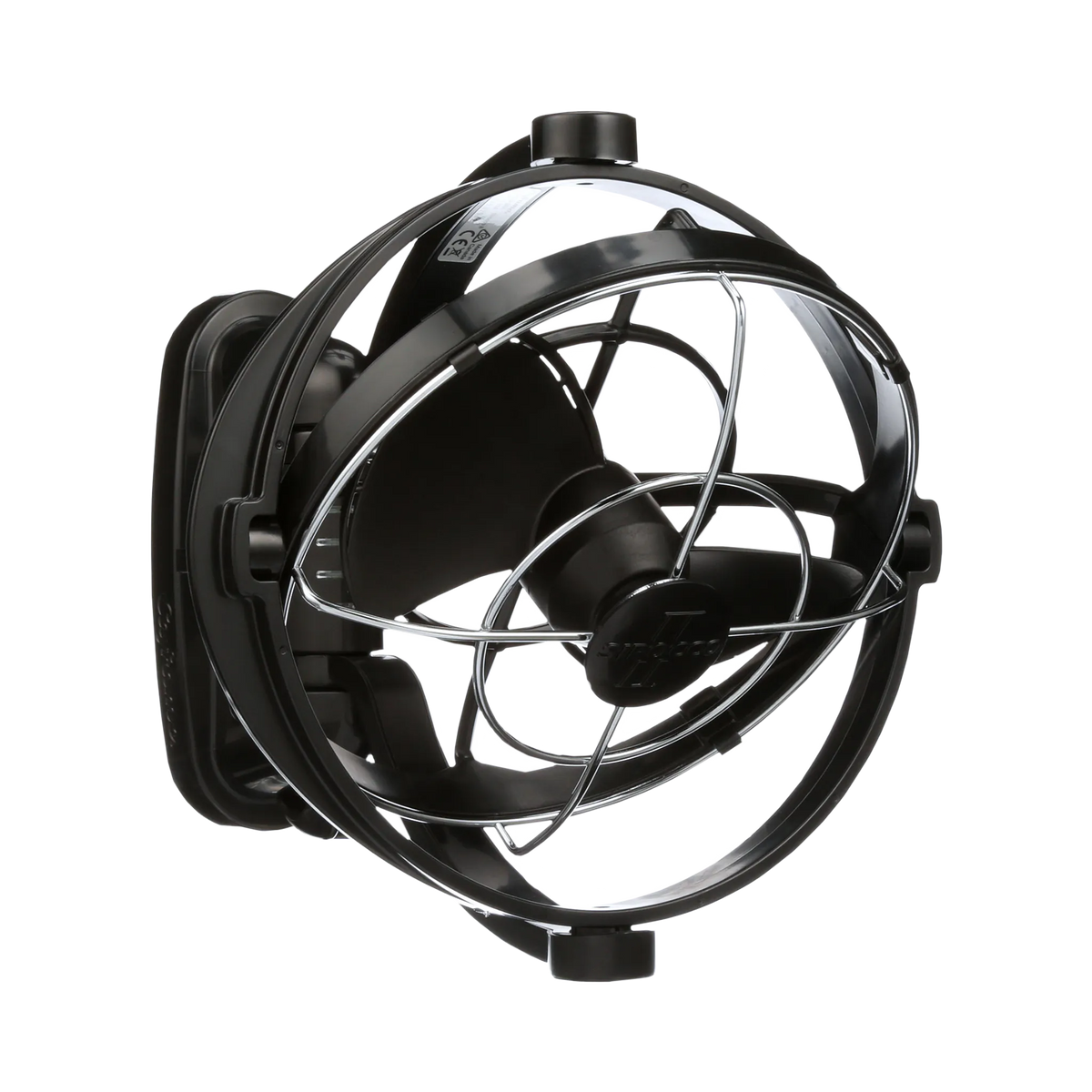 Black Caframo 12V Sirocco II fan tilted in its circular support frame with the wire guard visible.