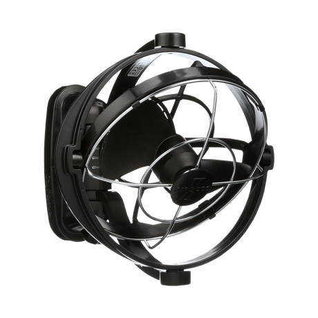 Black Caframo 12V Sirocco II fan tilted in its circular support frame with the wire guard visible.