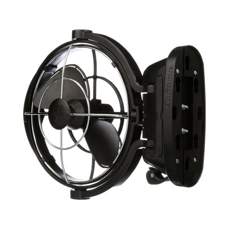 Black Caframo 12V Sirocco II fan angled view with the underside of the mounting base and screw holes visible.