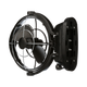 Black Caframo 12V Sirocco II fan angled view with the underside of the mounting base and screw holes visible.
