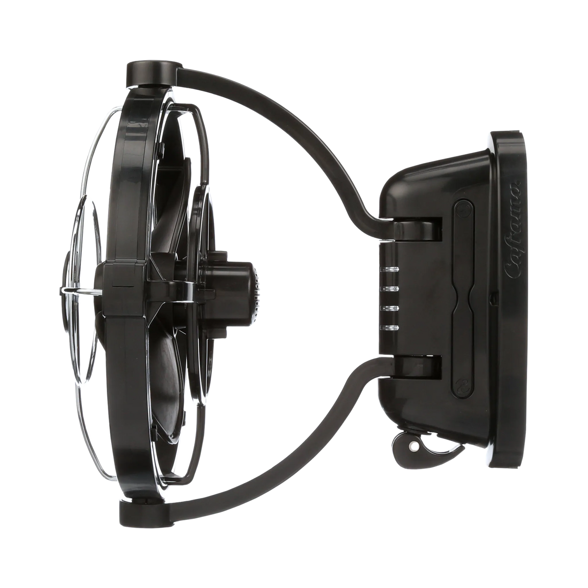 Black Caframo 12V Sirocco II fan side view with the motor, pivoting support frame and mounting base.