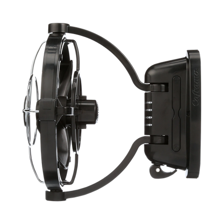 Black Caframo 12V Sirocco II fan side view with the motor, pivoting support frame and mounting base.