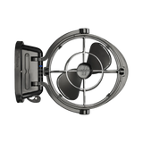 Black Caframo 12V Sirocco II fan front view with three blades, a wire guard and the mount on the left.