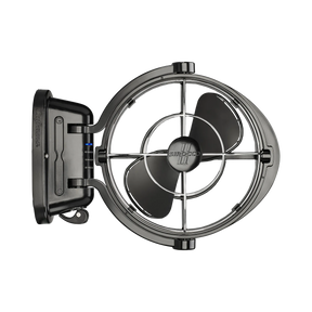 Black Caframo 12V Sirocco II fan front view with three blades, a wire guard and the mount on the left.