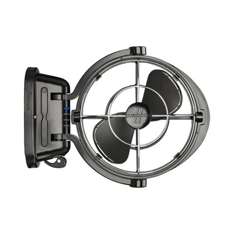 Black Caframo 12V Sirocco II fan front view with three blades, a wire guard and the mount on the left.
