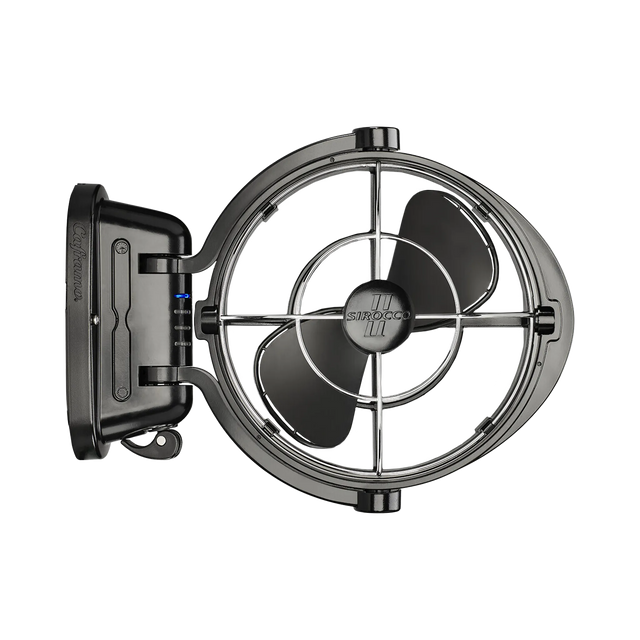 Black Caframo 12V Sirocco II fan front view with three blades, a wire guard and the mount on the left.