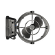 Black Caframo 12V Sirocco II fan front view with three blades, a wire guard and the mount on the left.