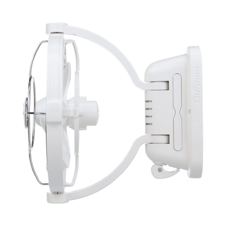 White Caframo 12V Sirocco II fan side view with the motor, wire guard and curved support frame.