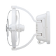 White Caframo 12V Sirocco II fan side view with the motor, wire guard and curved support frame.