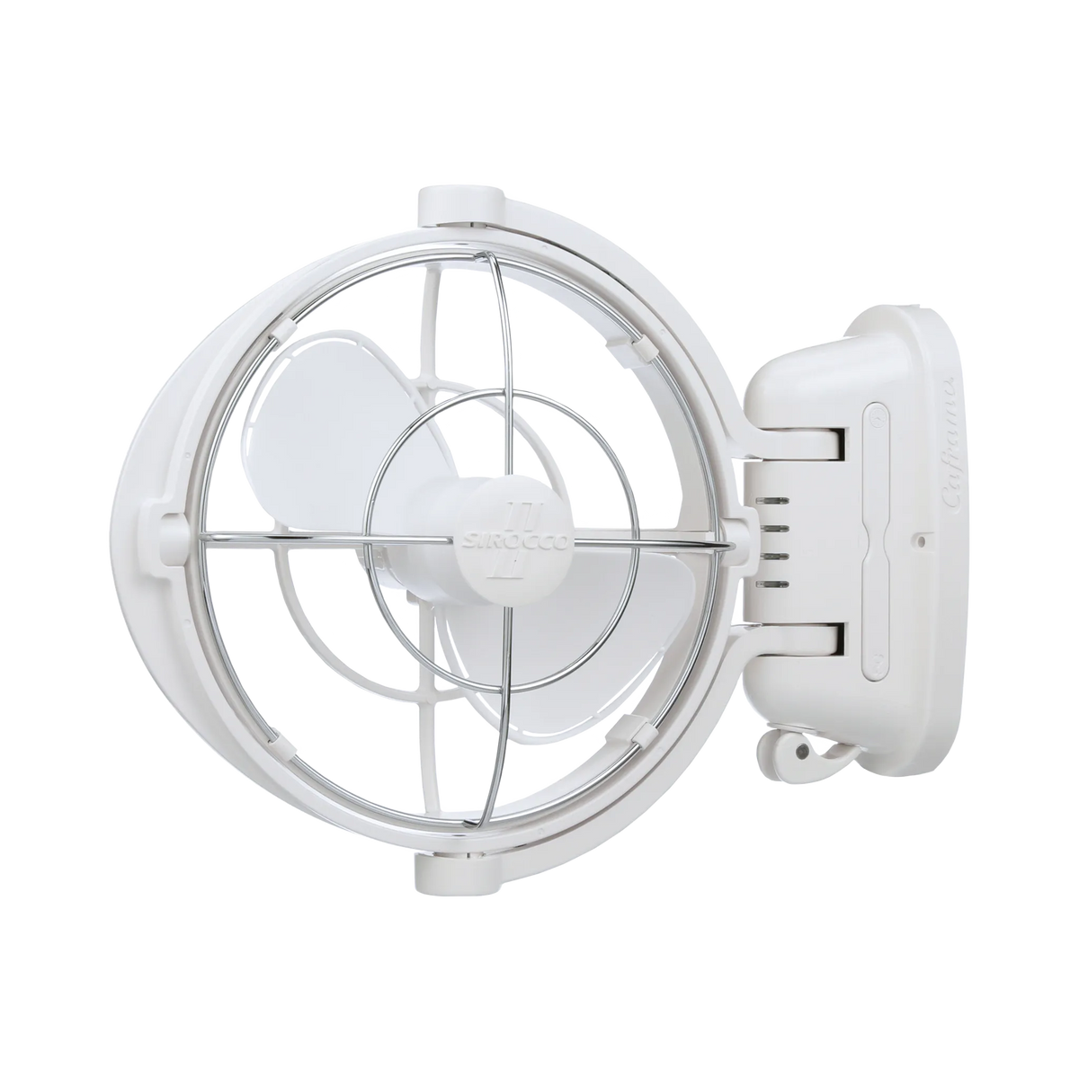 White Caframo 12V Sirocco II fan front view rotated with the mounting base and controls on the right.