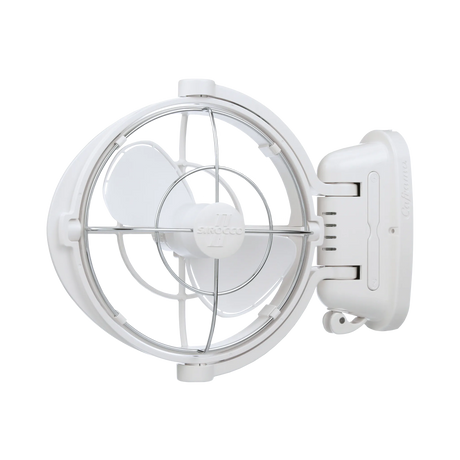 White Caframo 12V Sirocco II fan front view rotated with the mounting base and controls on the right.