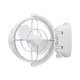 White Caframo 12V Sirocco II fan front view rotated with the mounting base and controls on the right.