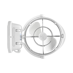 White Caframo 12V Sirocco II fan front view with three blades, a wire guard and the mount on the left.
