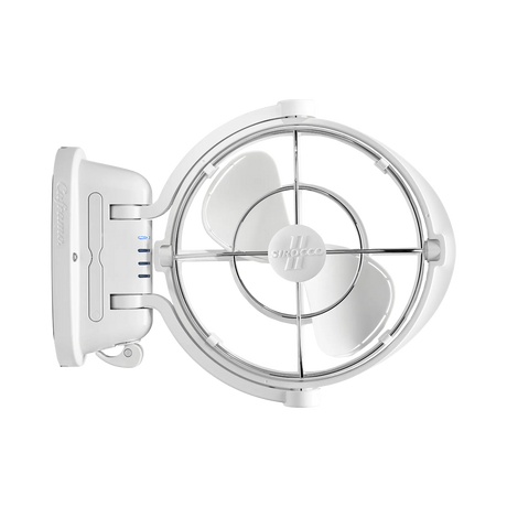 White Caframo 12V Sirocco II fan front view with three blades, a wire guard and the mount on the left.