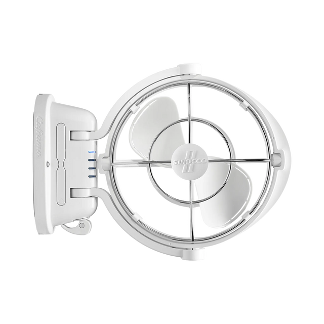 White Caframo 12V Sirocco II fan front view with three blades, a wire guard and the mount on the left.