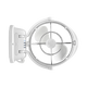 White Caframo 12V Sirocco II fan front view with three blades, a wire guard and the mount on the left.