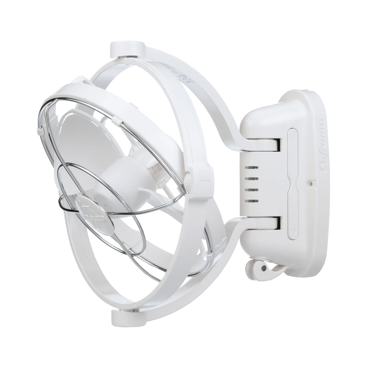 White Caframo 12V Sirocco II fan tilted in its circular support frame beside the mounting base.