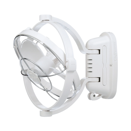 White Caframo 12V Sirocco II fan tilted in its circular support frame beside the mounting base.