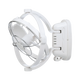 White Caframo 12V Sirocco II fan tilted in its circular support frame beside the mounting base.