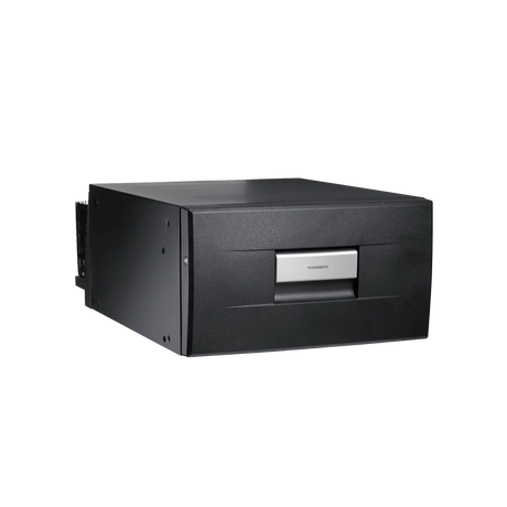 Dometic 30L drawer fridge/freezer closed front view with black drawer face and silver handle.