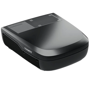 Dometic FreshJet 7 Series Lite black rooftop air conditioner angled top view with side vents.