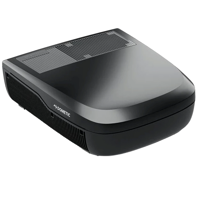 Dometic FreshJet 7 Series Lite black rooftop air conditioner angled top view with side vents.