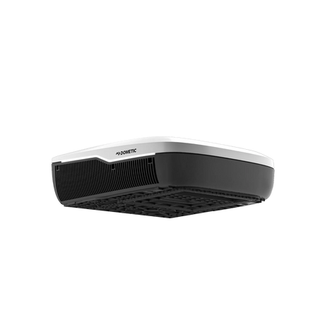 Dometic FreshJet 7 Series Lite white rooftop air conditioner underside corner view with black grilles.