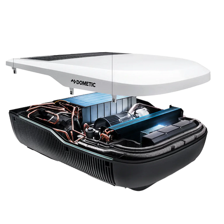 Dometic FreshJet 7 Series Lite white rooftop air conditioner with upper cover raised and internal parts visible.