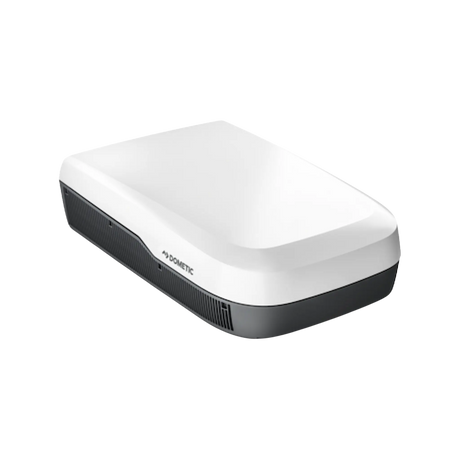 Dometic FreshJet 7 Series Plus white rooftop air conditioner angled top view with side vent.