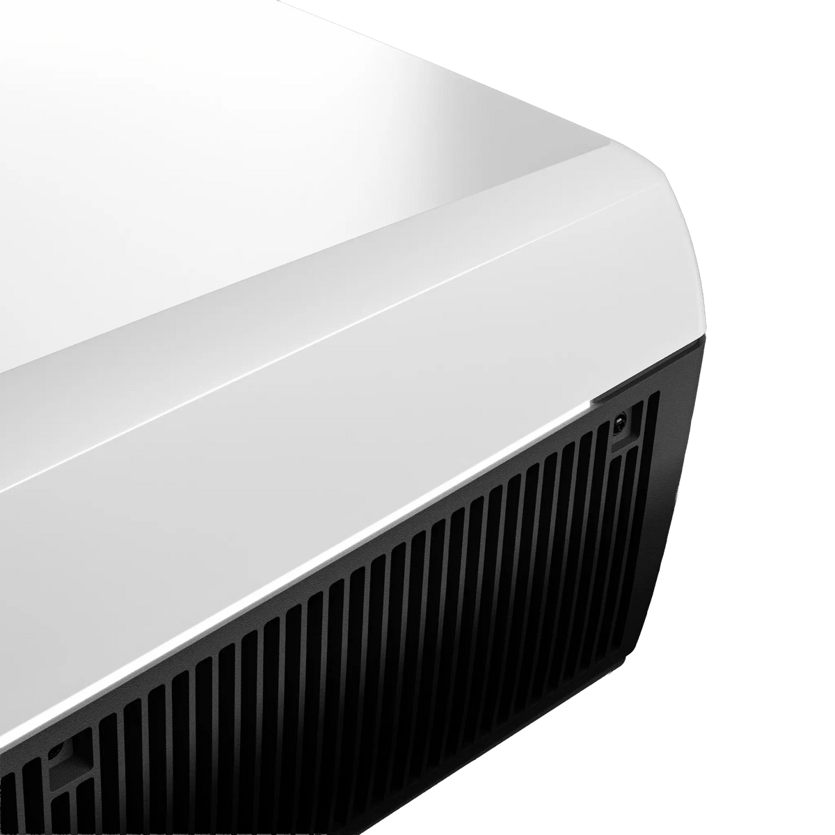 Dometic FreshJet 7 Series Plus white rooftop air conditioner close up of side grille and front corner.