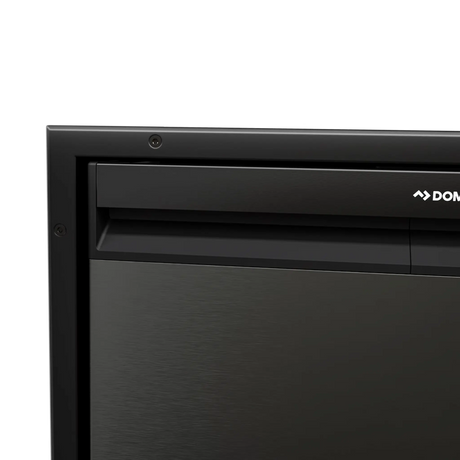 Dometic NRX80 black mounting frame front view around a 80L black fridge door.