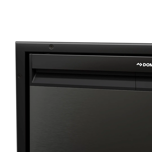 Dometic NRX80 black mounting frame front view around a 80L black fridge door.