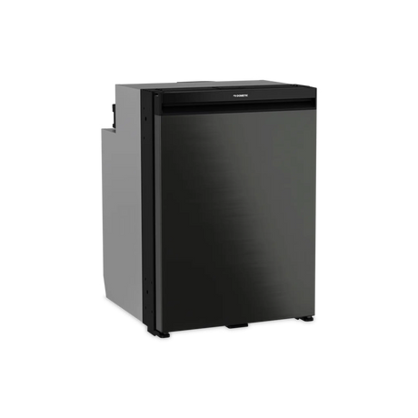 Dometic NRX 115 upright fridge closed front view with dark door, handle and grey side panel.