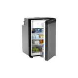 Dometic NRX 115 upright fridge open front view with stocked shelves and dark grey door.