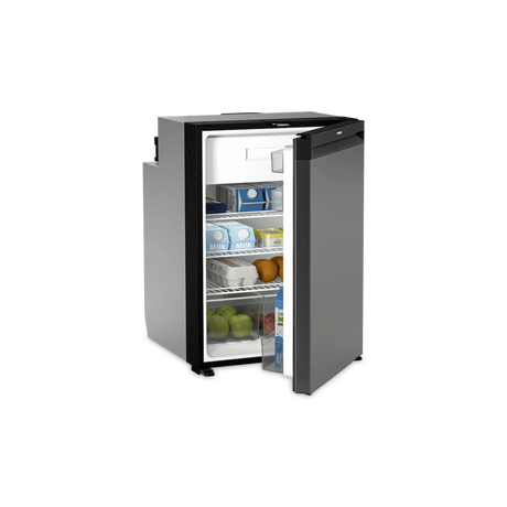 Dometic NRX 115 upright fridge open front view with stocked shelves and dark grey door.