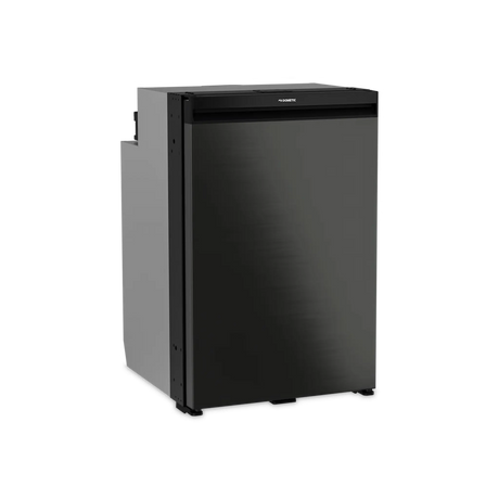 Dometic NRX 130 upright fridge closed front view with dark grey door and grey side panel.