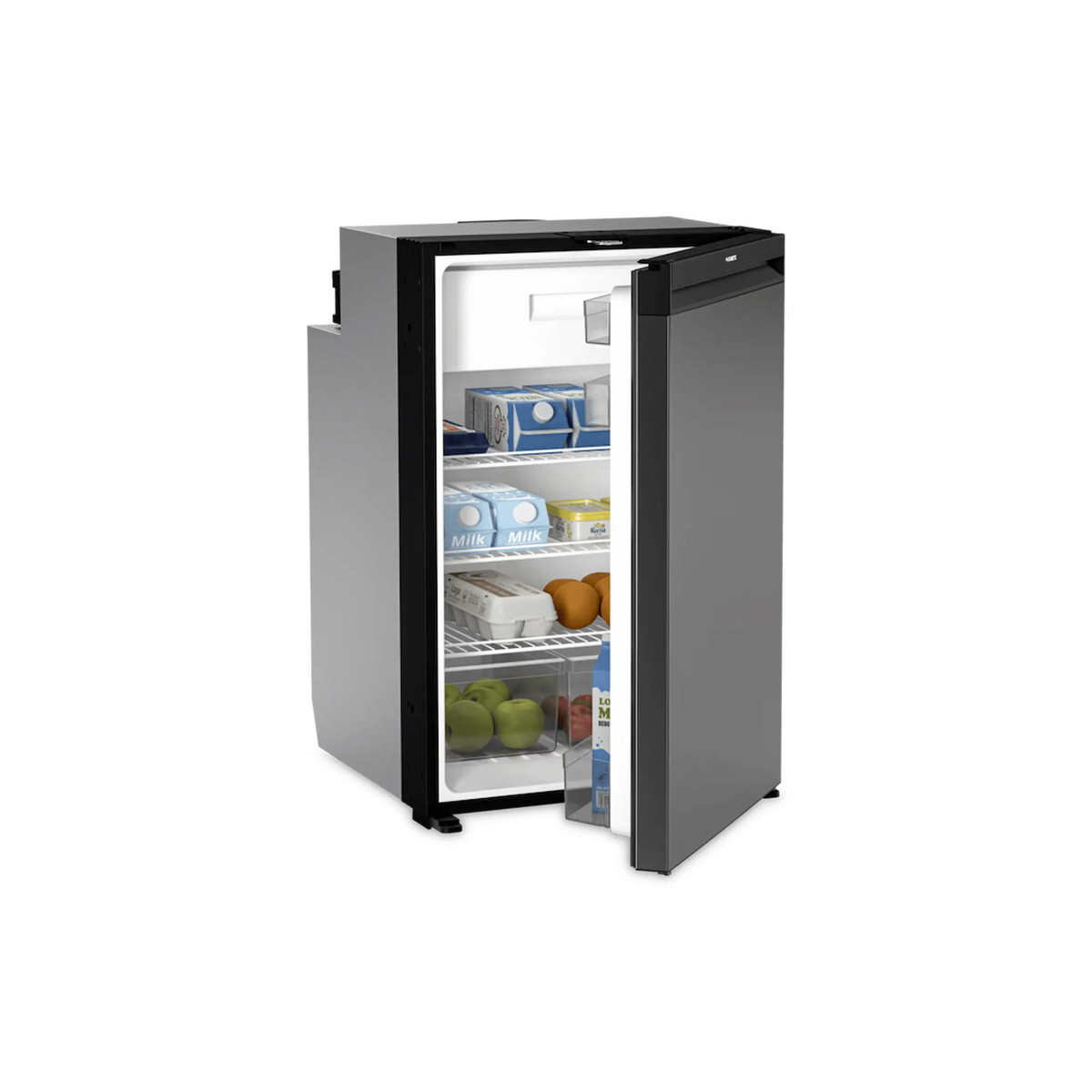 Dometic NRX 130 upright fridge open front view with stocked shelves and door.