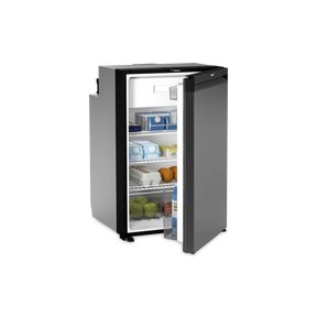 Dometic NRX 130 upright fridge open front view with stocked shelves and door.