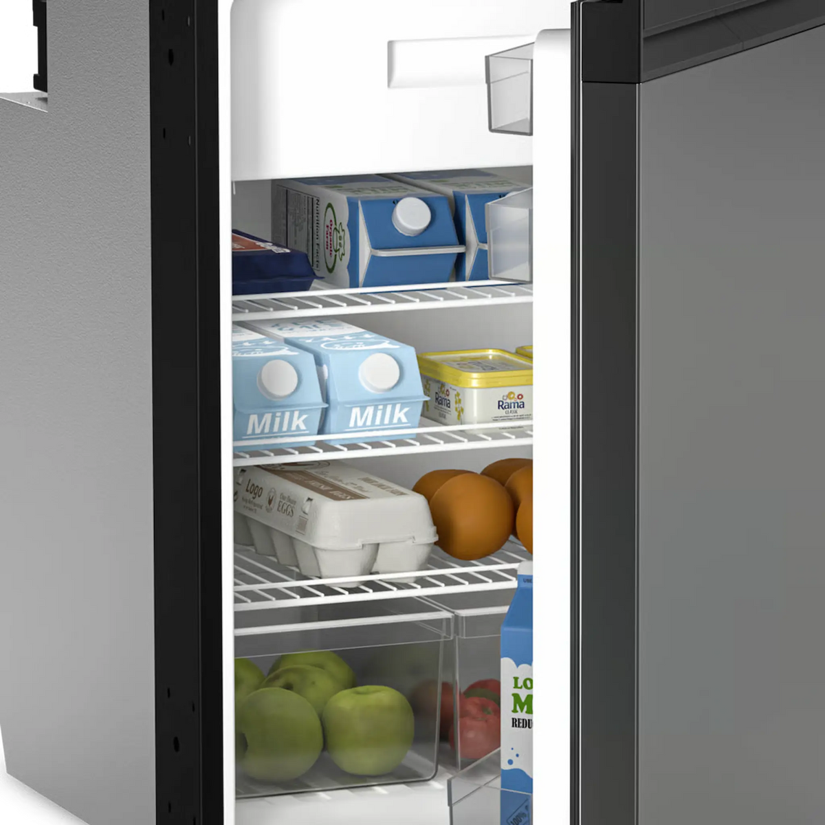 Dometic NRX 130 upright fridge interior close up with milk cartons, eggs, fruit and wire shelves.